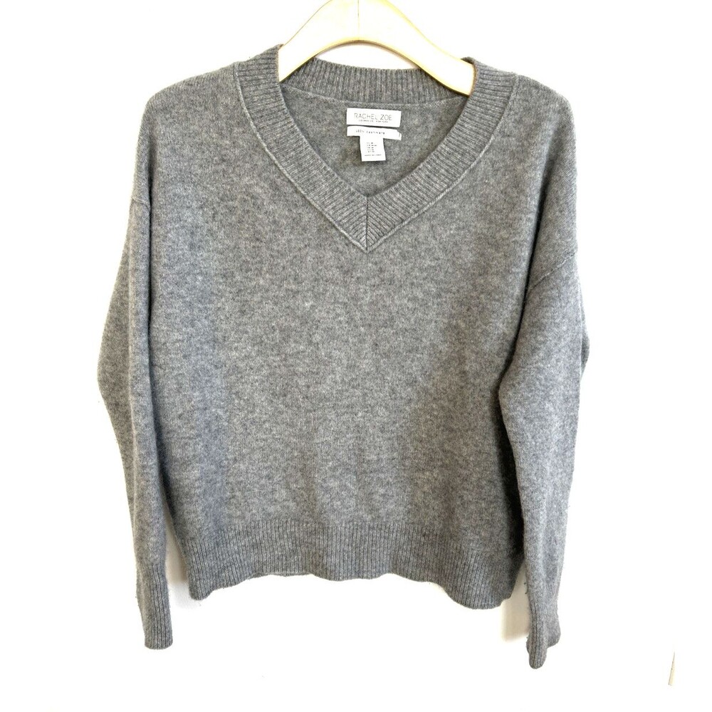 Rachel Zoe 100% Cashmere Gray Marl V-neck Sweater Knit Pullover Size M